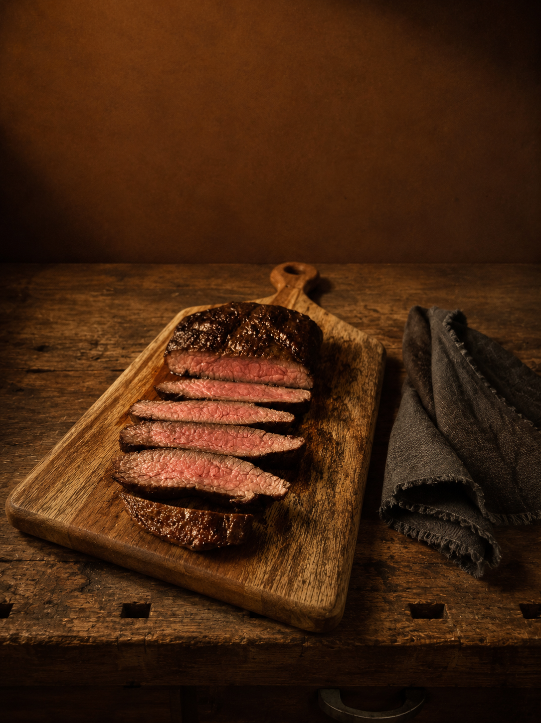 Servierbrett aus Holz mit geschnittenem Steak als BBQ Geschenk für Grillfans