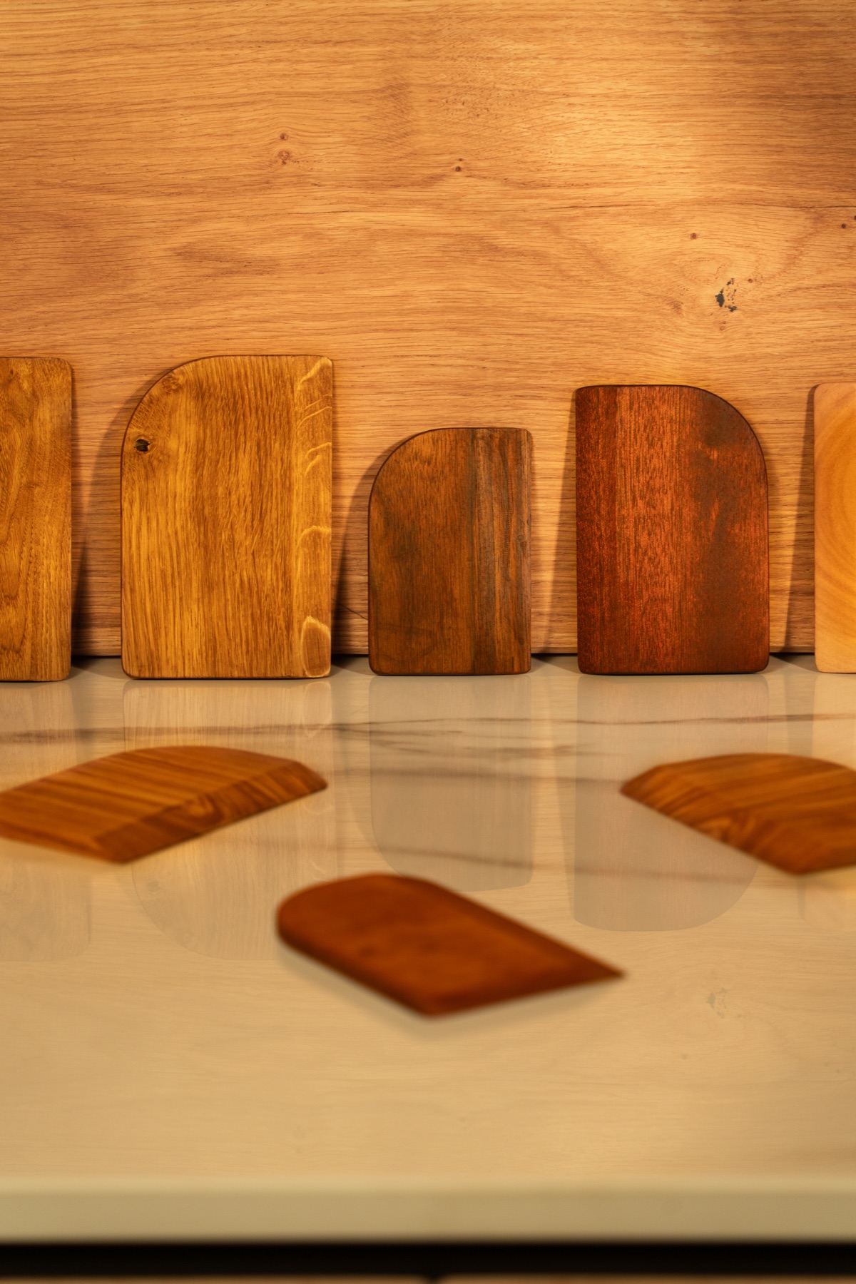 Selection of solid wood dough scrapers in several wood species and sizes